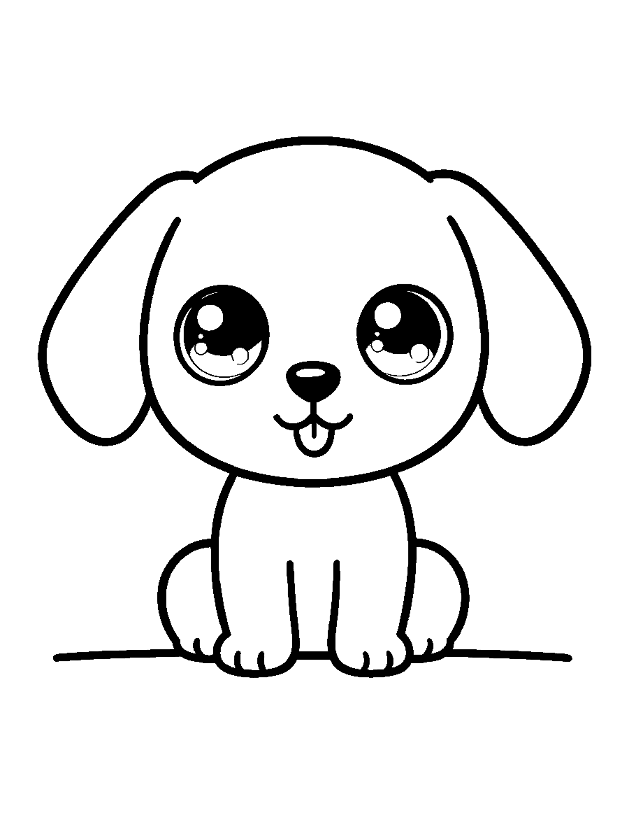 Line drawing of a cute chibi puppy sitting, with big eyes and long floppy ears