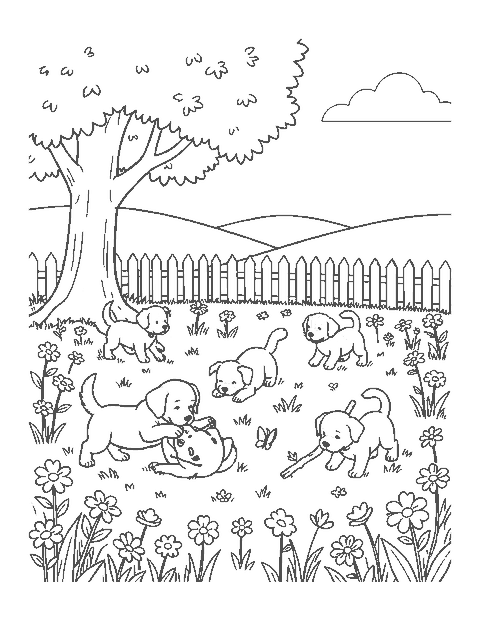Line drawing of five puppies wrestling, rolling and playing in a flower meadow by a fence
