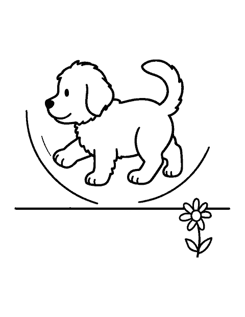 Line drawing of a fluffy puppy spinning in a circle to catch its own tail