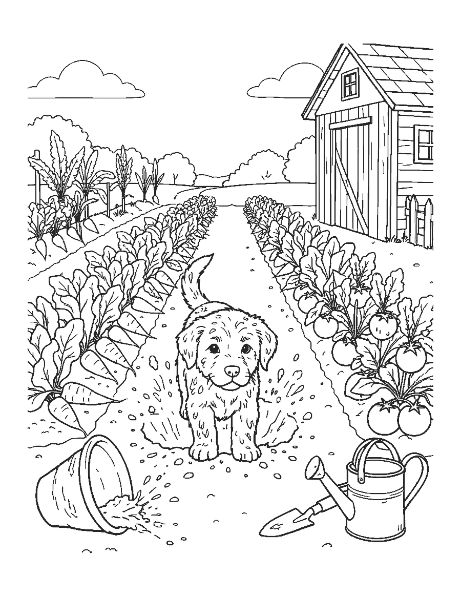 Line drawing of a muddy puppy digging between vegetable rows near a watering can and shed