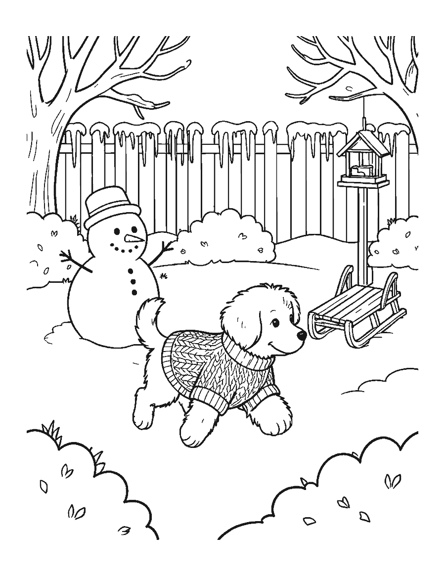 Line drawing of a puppy in a sweater playing in a snowy backyard with a snowman and a sled