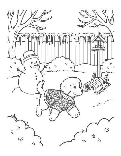 Line drawing of a puppy in a sweater playing in a snowy backyard with a snowman and a sled