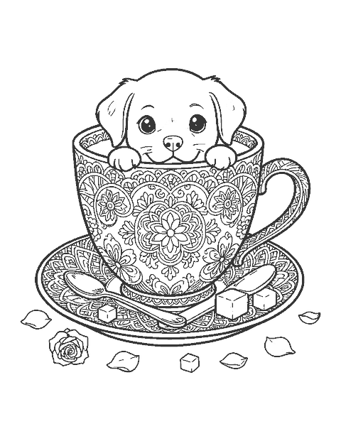 Line drawing of a tiny puppy in a large teacup decorated with lace and flower patterns