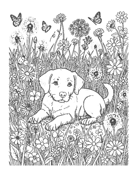Line drawing of a puppy lying in tall grass among detailed wildflowers, ladybugs and butterflies