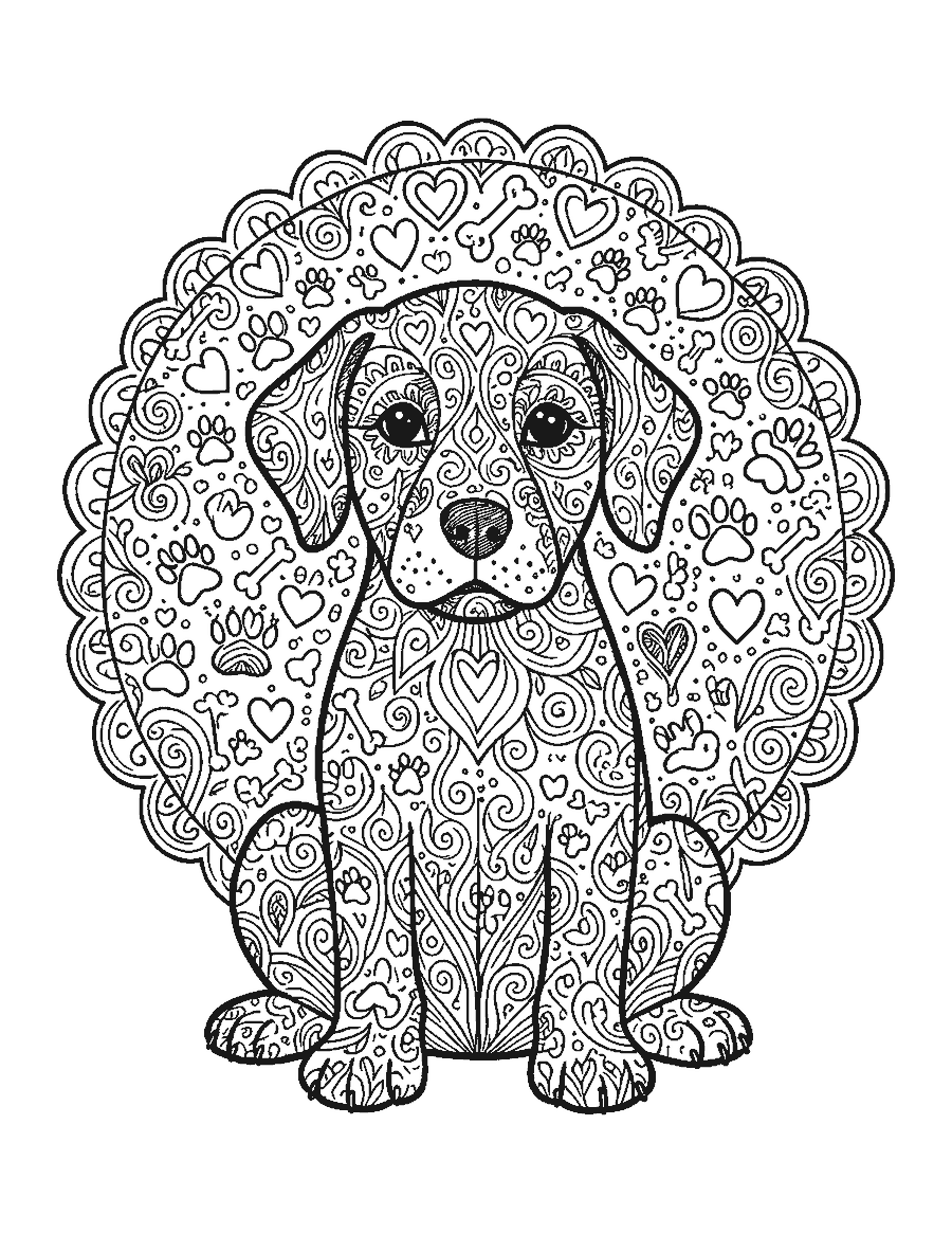 Line drawing of a sitting puppy filled with doodle patterns of hearts, paw prints and swirls
