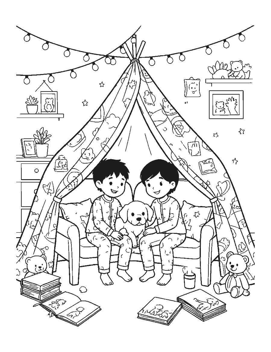 Line drawing of two children and a puppy cuddled inside a blanket fort with pillows and lights