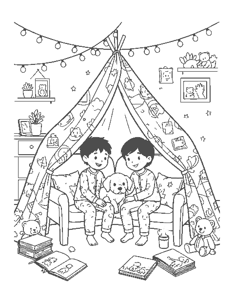 Line drawing of two children and a puppy cuddled inside a blanket fort with pillows and lights