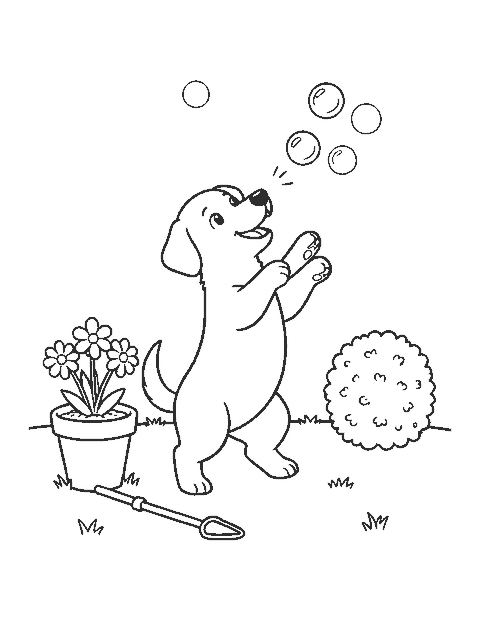 Line drawing of a puppy snapping at floating soap bubbles in a garden beside a bubble wand
