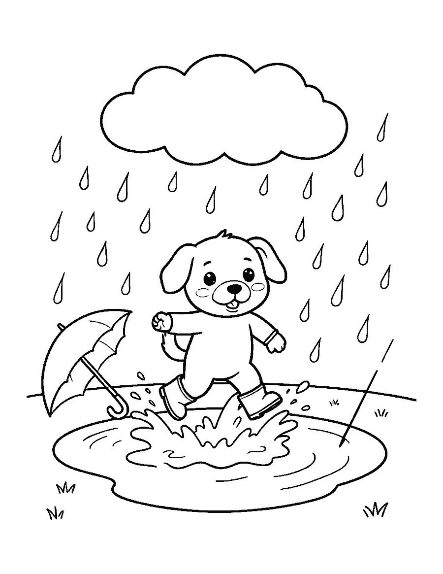 Line drawing of a puppy in rain boots splashing into a puddle under a rain cloud