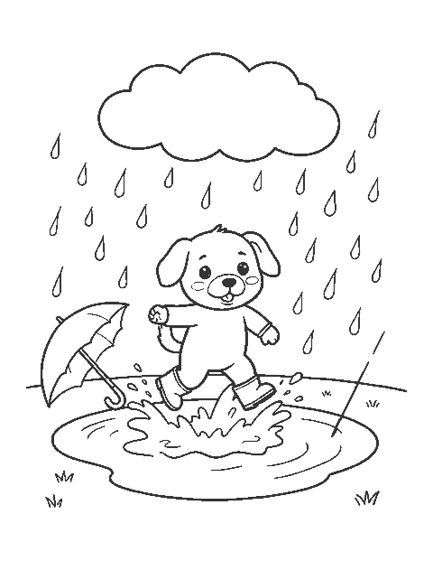 Line drawing of a puppy in rain boots splashing into a puddle under a rain cloud