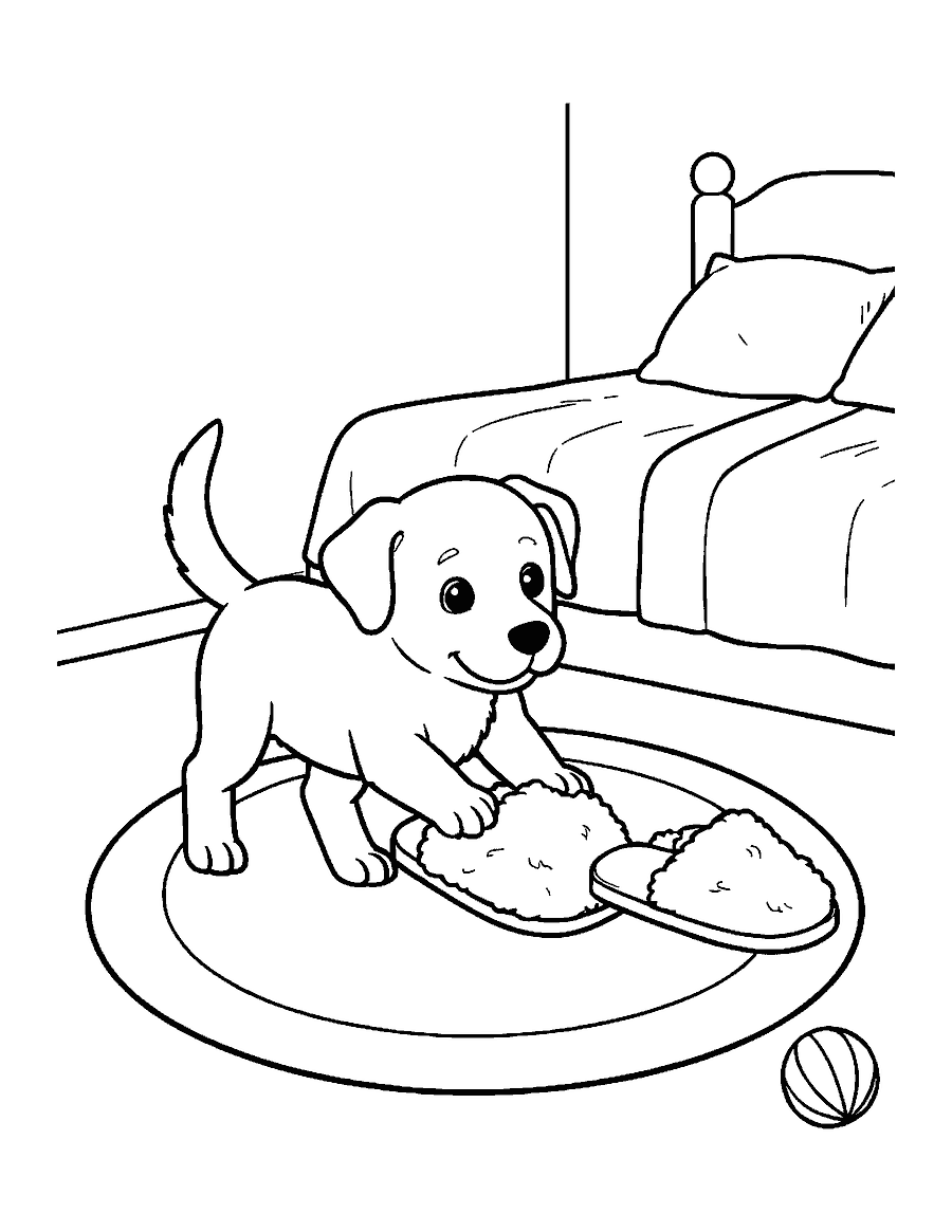 Line drawing of a puppy tugging on a fuzzy slipper next to a bed and a round rug