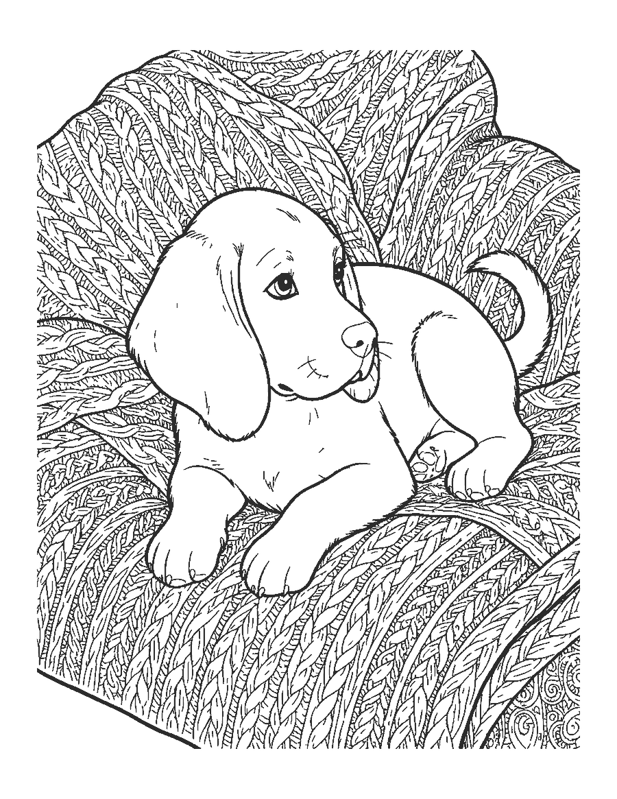 Line drawing of a realistic beagle puppy resting on a cable-knit blanket