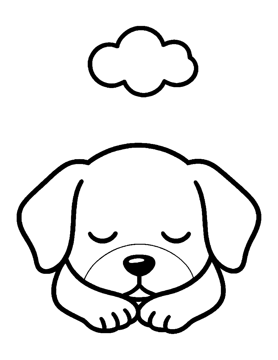 Line drawing of a sleepy puppy lying on its tummy with its chin on its paws