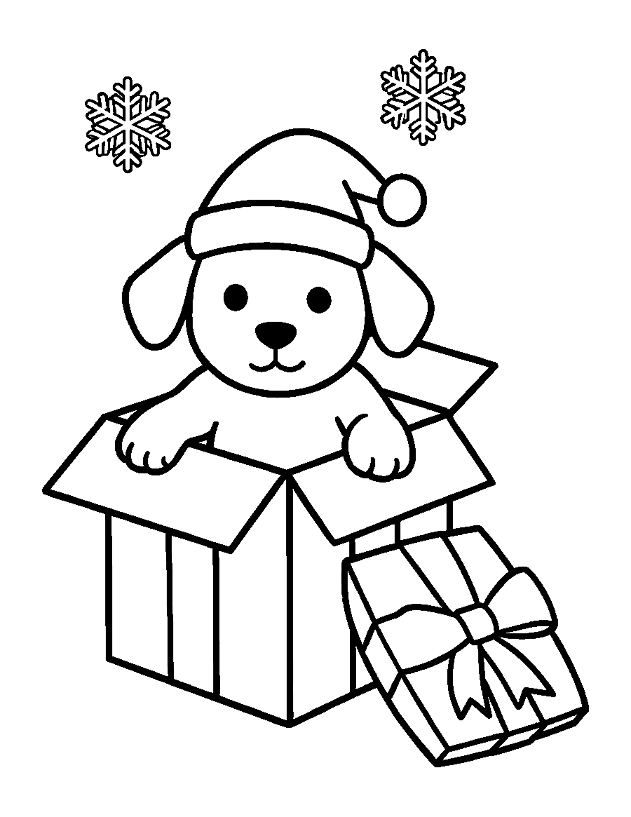 Line drawing of a puppy in a Santa hat popping out of an open gift box
