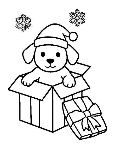 Line drawing of a puppy in a Santa hat popping out of an open gift box