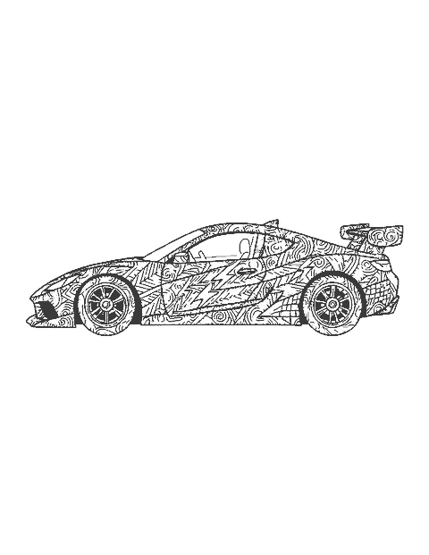 Line drawing of a sleek race car filled with intricate doodle patterns