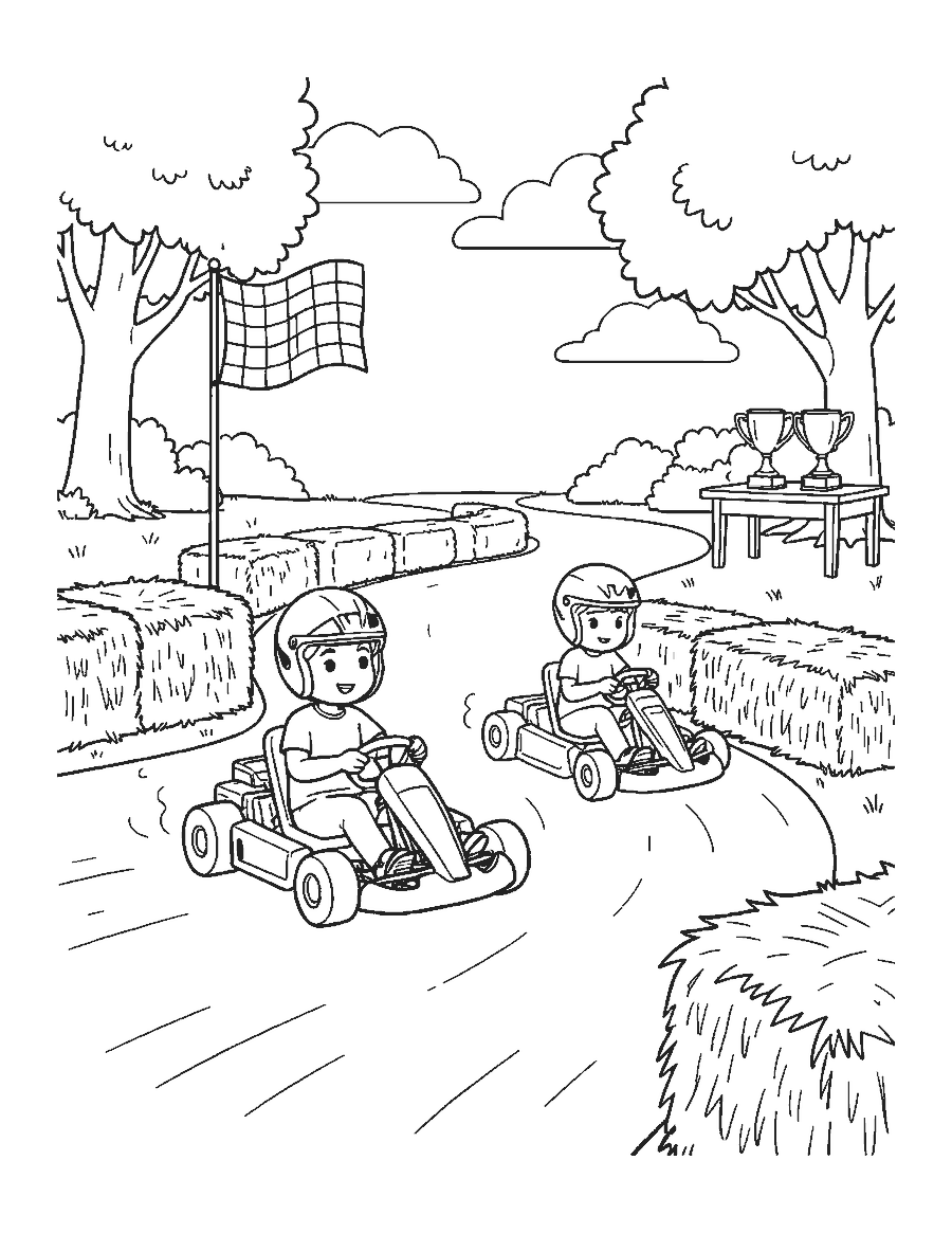 Line drawing of children racing go-karts around a track with hay bales and a flag