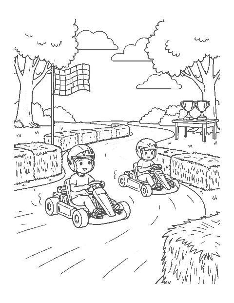 Line drawing of children racing go-karts around a track with hay bales and a flag