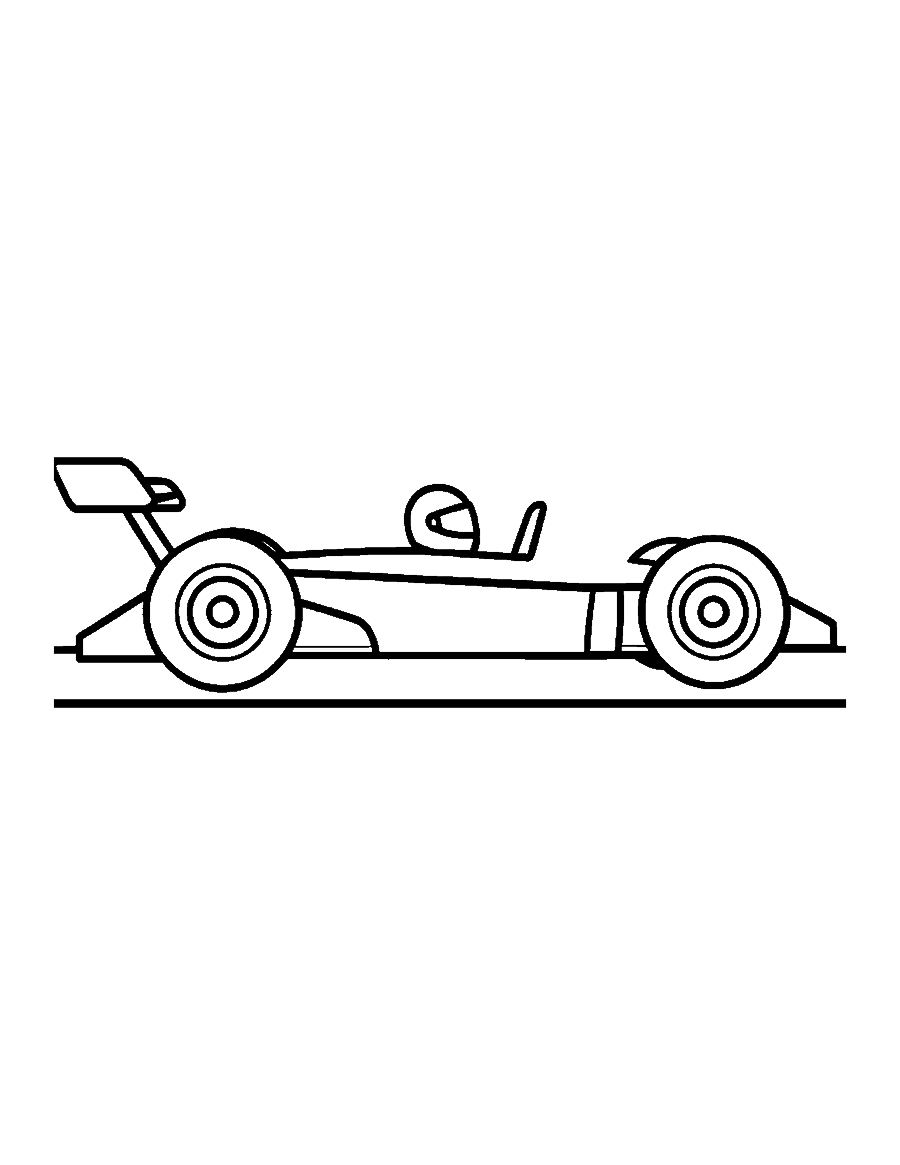Line drawing of a low race car with a big rear wing and wide tires
