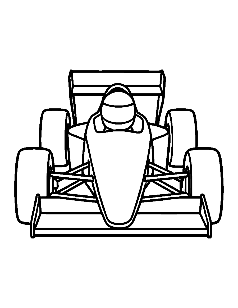 Line drawing of an open-wheel race car seen from the front with a wide front wing