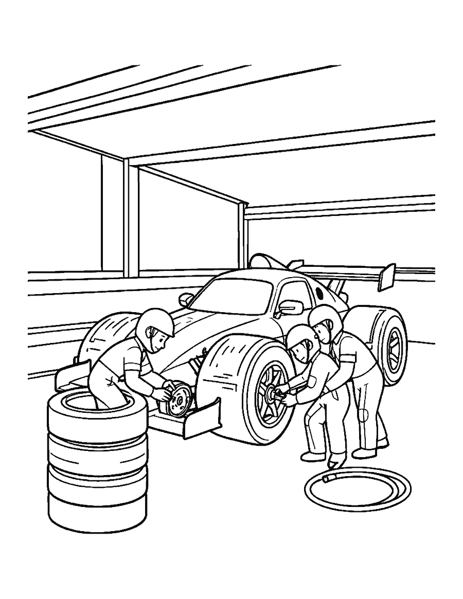 Line drawing of a pit crew in helmets changing a race car tire