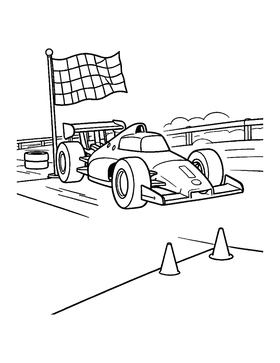 Line drawing of a race car speeding past a waving checkered flag at the finish line