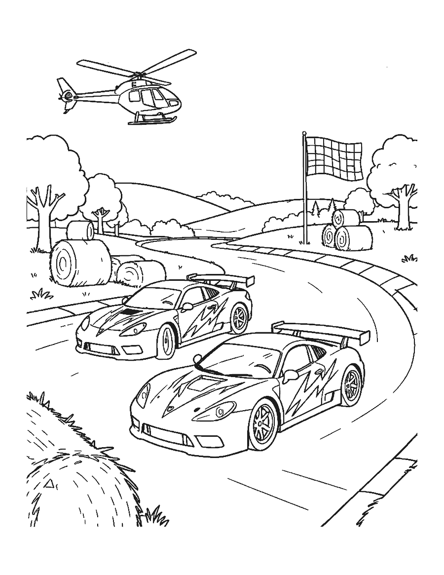 Line drawing of two race cars with lightning bolts rounding a curve on a hillside racetrack