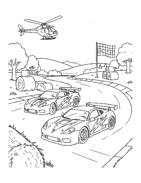 Line drawing of two race cars with lightning bolts rounding a curve on a hillside racetrack