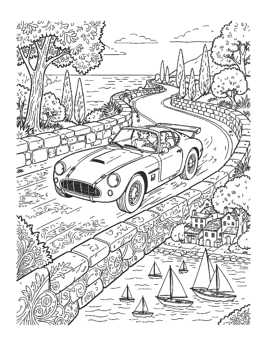 Line drawing of a vintage race car on a winding coastal road above a seaside village