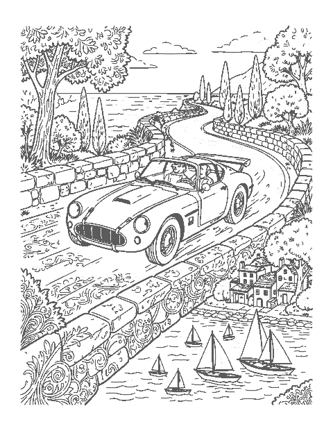 Line drawing of a vintage race car on a winding coastal road above a seaside village