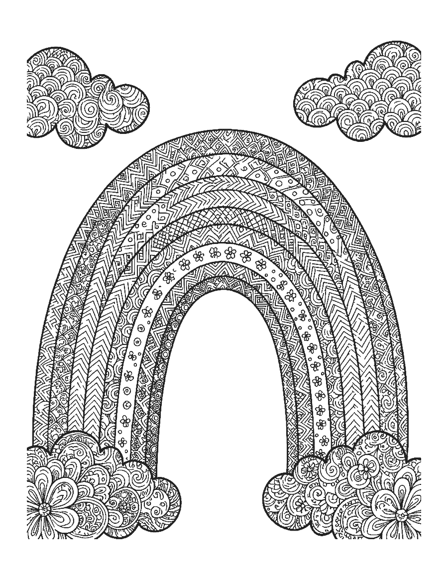 Line drawing of a rainbow whose bands are each filled with a different intricate pattern