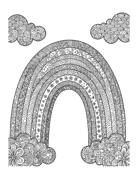 Line drawing of a rainbow whose bands are each filled with a different intricate pattern