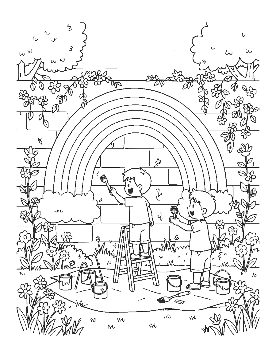 Line drawing of three children painting a large rainbow on a garden wall