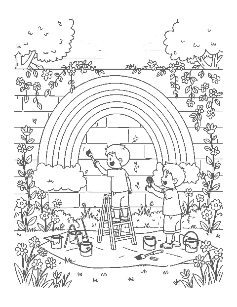 Line drawing of three children painting a large rainbow on a garden wall