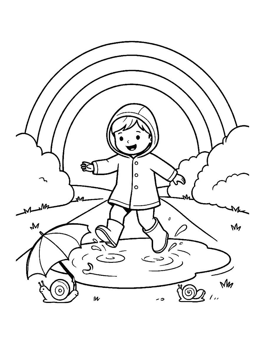 Line drawing of a child in a raincoat jumping in a puddle under a rainbow
