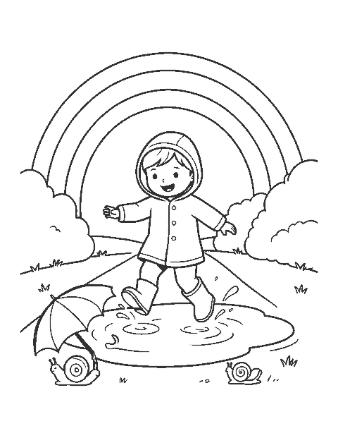 Line drawing of a child in a raincoat jumping in a puddle under a rainbow