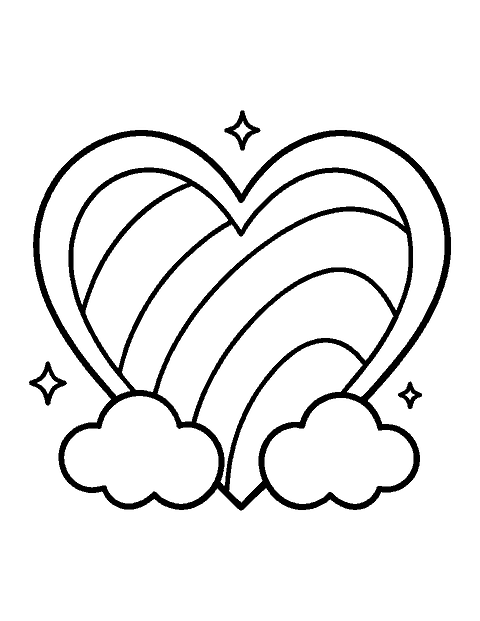 Line drawing of a heart filled with wide rainbow stripes and two small puffy clouds