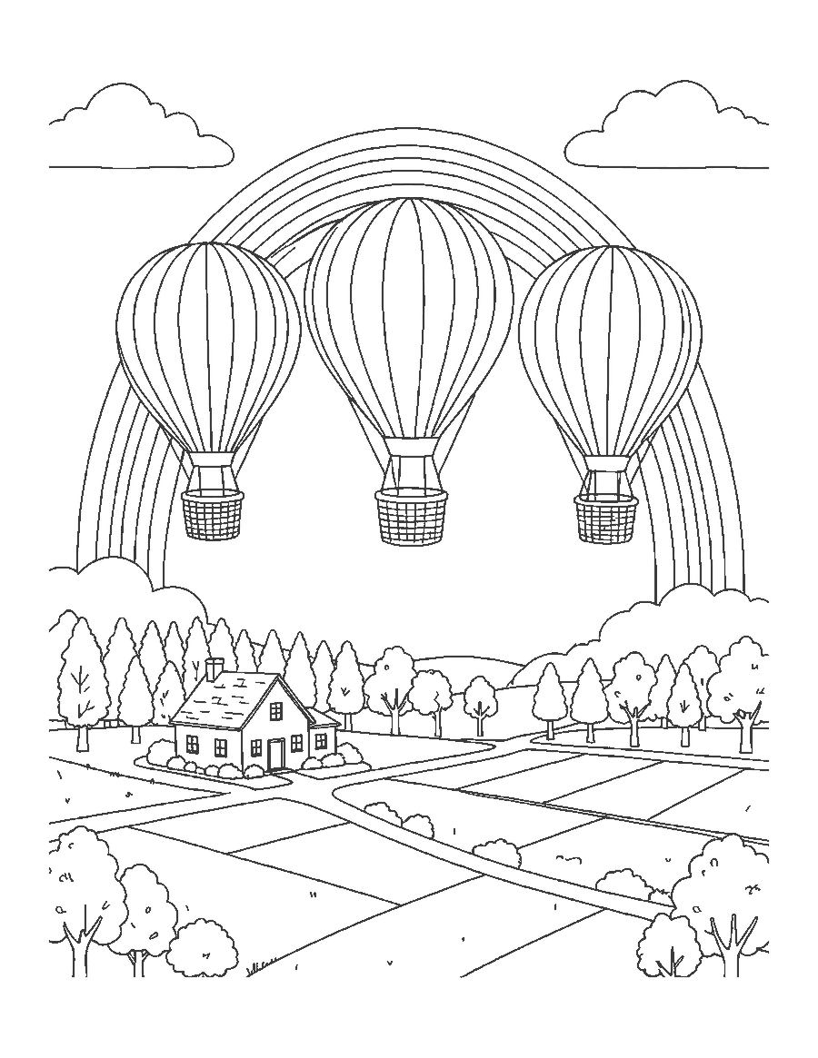 Line drawing of rainbow-striped hot air balloons over patchwork fields with a big rainbow