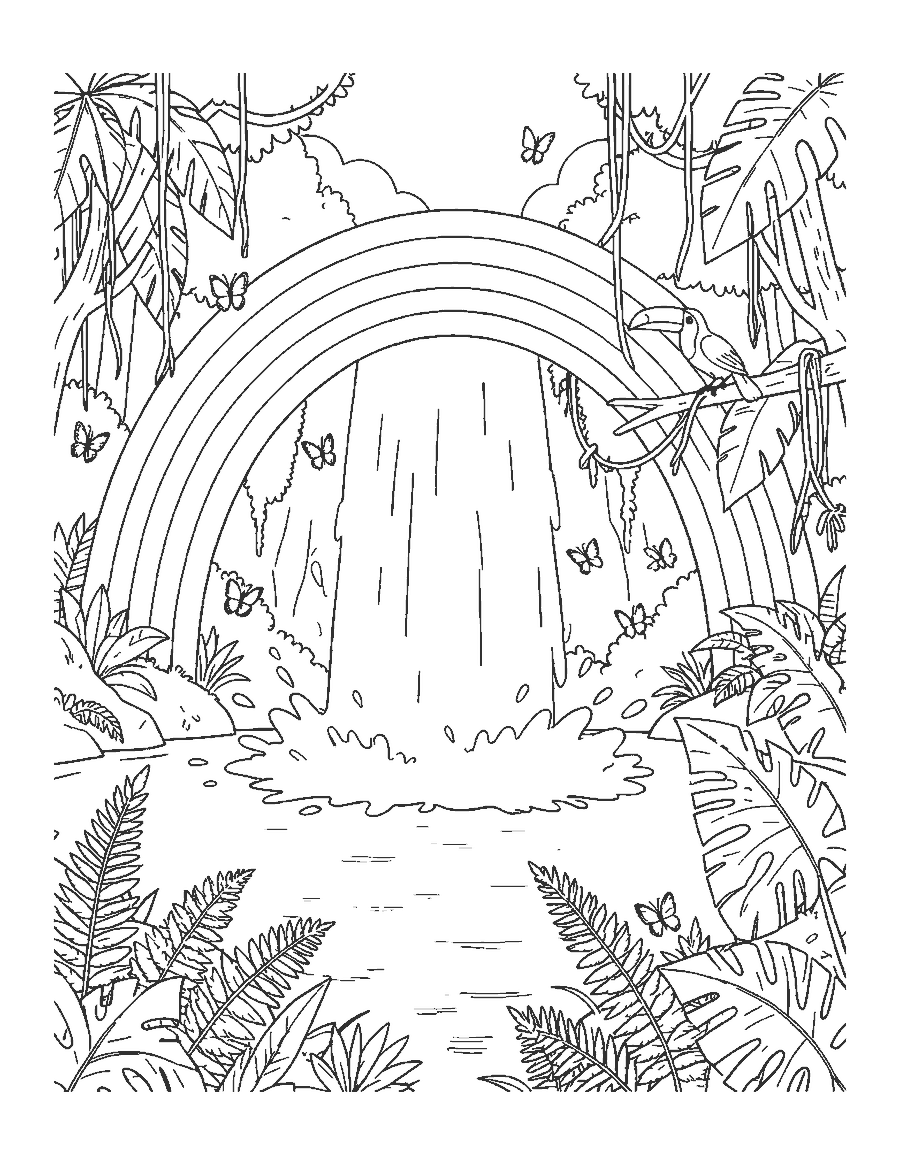 Line drawing of a rainforest waterfall with a rainbow in the mist, a toucan and butterflies