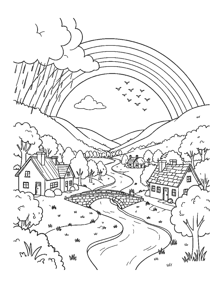 Line drawing of a rainbow over a village with a river, stone bridge, cottages and birds
