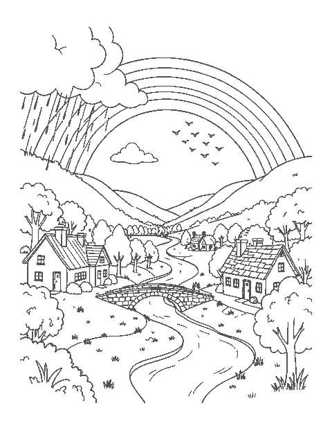 Line drawing of a rainbow over a village with a river, stone bridge, cottages and birds