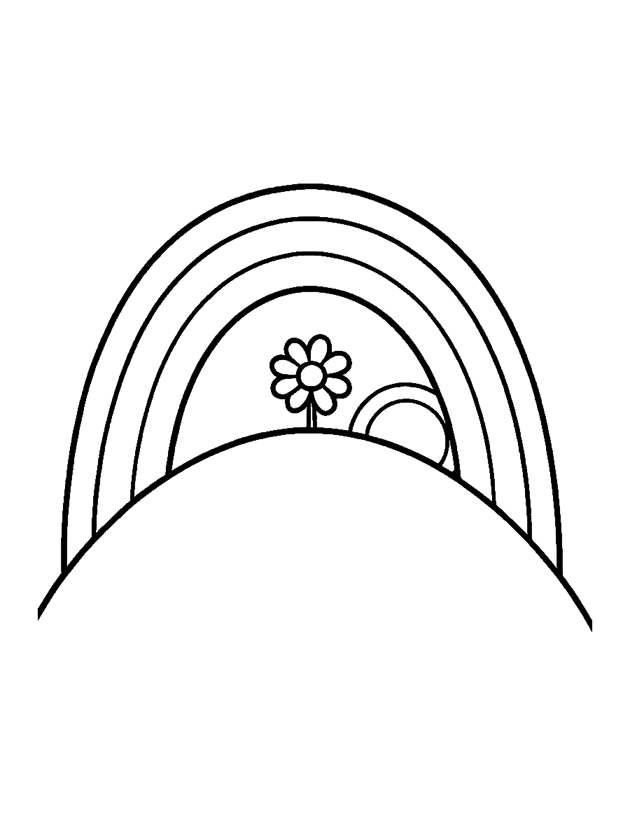 Line drawing of a rainbow arching over a small hill with one flower and a peeking sun