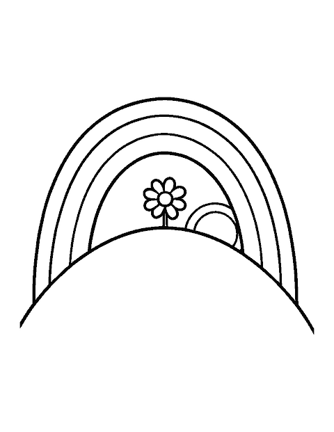 Line drawing of a rainbow arching over a small hill with one flower and a peeking sun