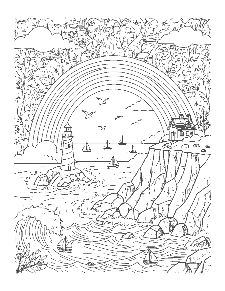 Line drawing of a rainbow over a rocky coast with a lighthouse, waves, gulls and sailboats