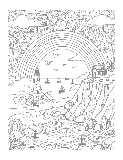 Line drawing of a rainbow over a rocky coast with a lighthouse, waves, gulls and sailboats