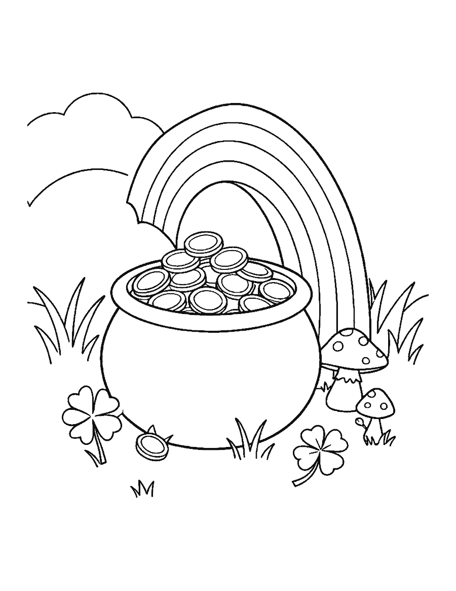 Line drawing of a rainbow ending in a pot of gold coins with four-leaf clovers