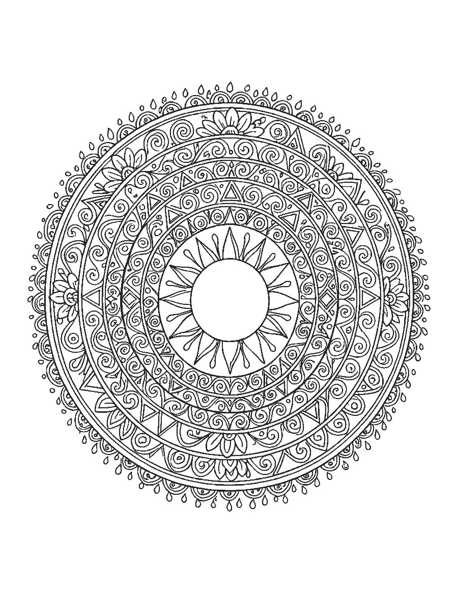 Line drawing of patterned rainbow rings around a sun with a raindrop border