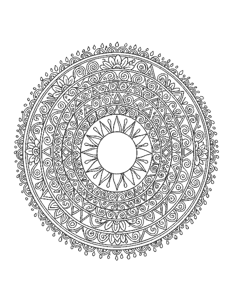 Line drawing of patterned rainbow rings around a sun with a raindrop border