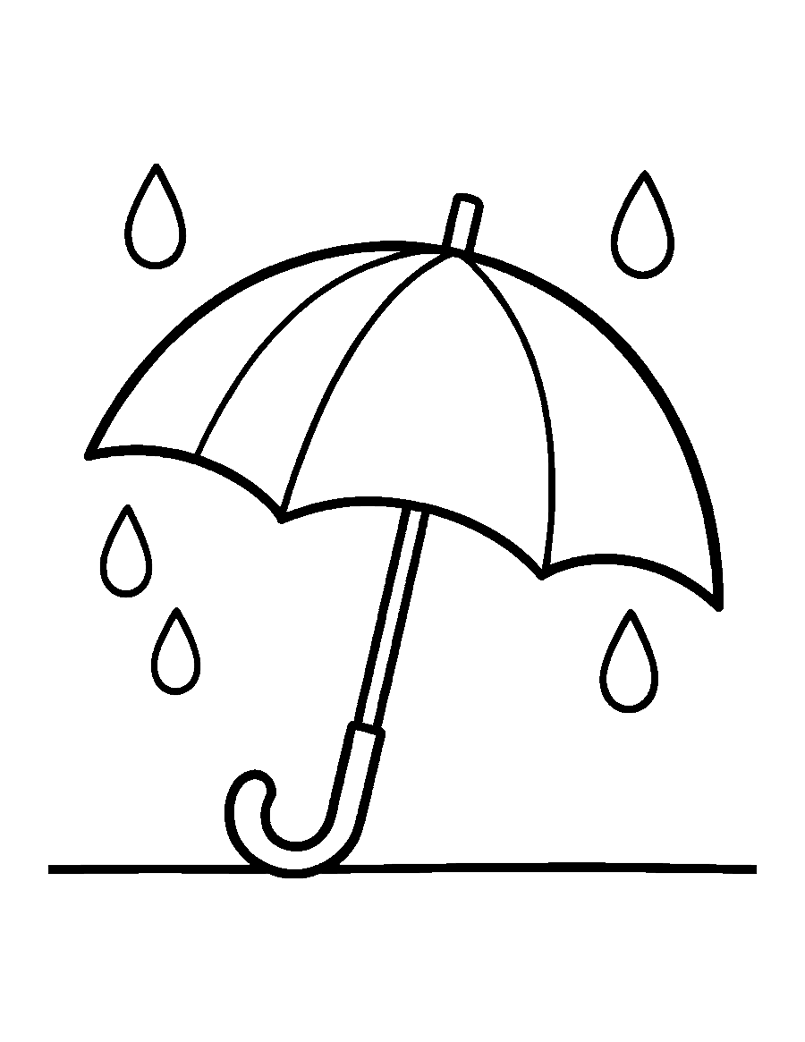 Line drawing of an open umbrella with rainbow stripes and big raindrops falling around it