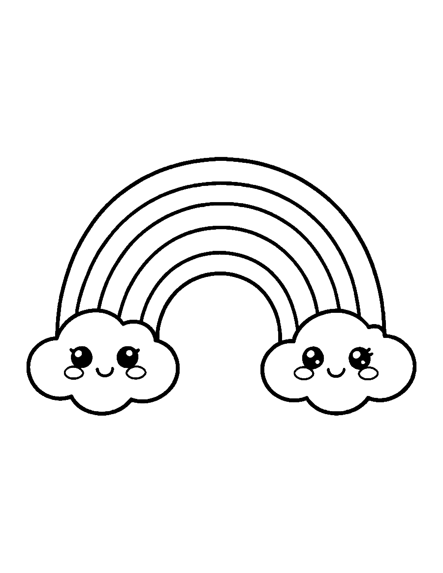 Line drawing of a cute smiling rainbow with each end resting on a puffy cloud